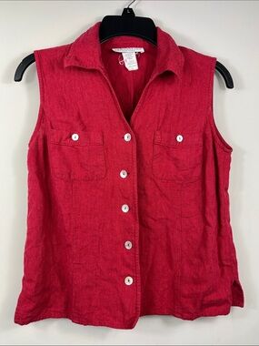 Versailles Red Linen Sleeveless Button Down Top | Collared Summer Blouse Size S